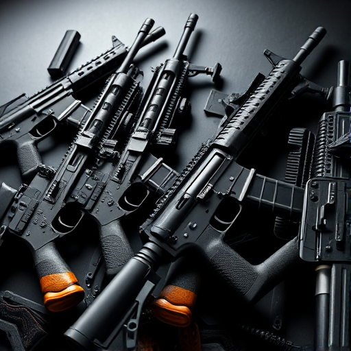 Create a highly detailed, high-resolution image of various assault rifles arranged artistically, shot with a DSLR camera at 50mm, f/2.8 aperture, ISO 100, using overhead lighting for enhanced contrast and clarity.