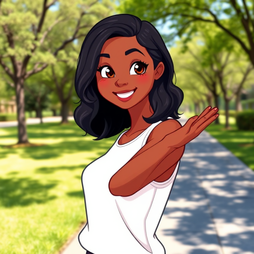 A young woman named Susie stands in a sunny park with a well-maintained lawn, trees, and a path. It's early afternoon with bright natural light casting soft shadows. Susie has deep brown skin with warm undertones, black wavy shoulder-length hair, and is wearing a white sleeveless top. She stands with her body slightly turned, her left arm bent at the elbow with the palm facing up and slightly outward, similar to a shrugging gesture. Her expression is joyful and friendly, with bright, open eyes and a slight smile. The overall atmosphere is casual and relaxed, suggesting a moment of leisure and interaction outdoors. The scene is rendered in a modern cartoon style with vibrant colors, detailed 8k resolution, and a subtle bokeh effect in the background.
