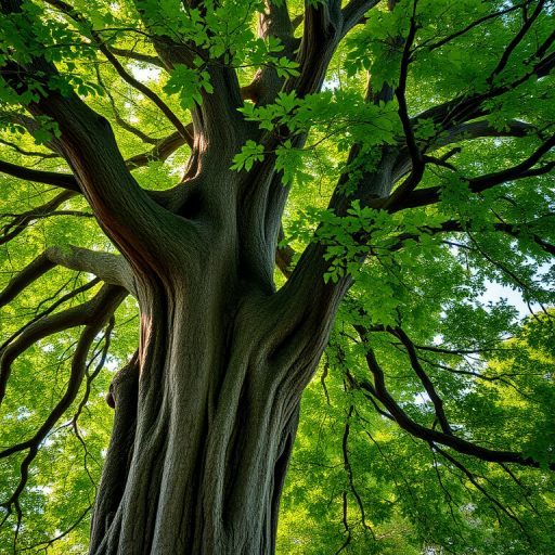 Create a detailed illustration of a large, lush green tree with a thick trunk and vibrant leaves, captured with a Canon EOS R5, 50mm lens, f/2.8 aperture, ISO 100, soft natural lighting, and a shallow depth of field to enhance the richness of the greens and the texture of the bark.