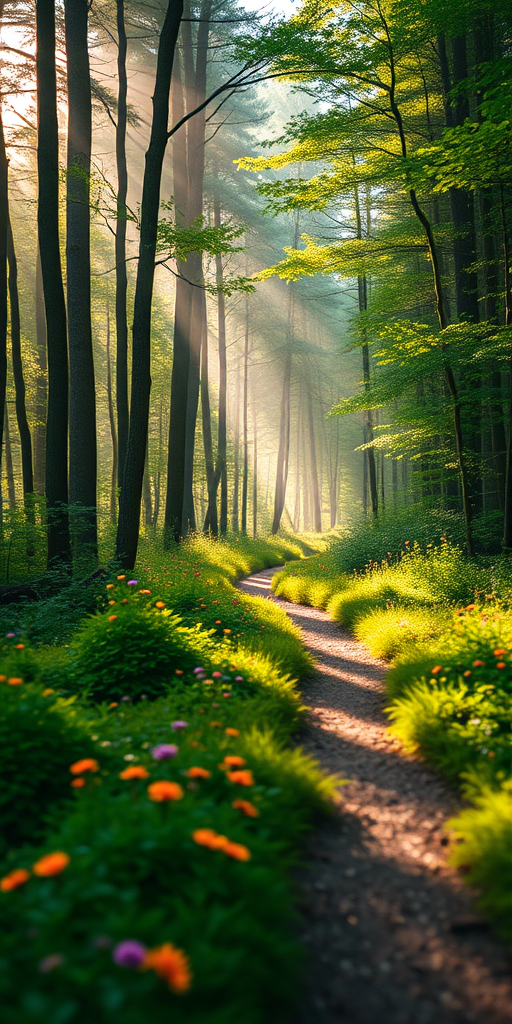 Create a high-resolution image of a mystical forest pathway with soft sunlight filtering through the trees, captured with a Canon EOS R5, 50mm f/1.2 lens, aperture set at f/2.8, ISO 200, and a gentle bokeh effect to emphasize the lush greenery and vibrant wildflowers.