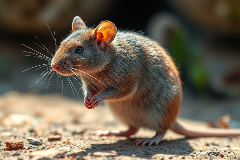 Generate a highly detailed illustration of a standing rat, capturing its fur texture and anatomy, using a high-resolution camera setting of 50mm lens, f/2.8 aperture, ISO 100, in natural light, with a close-up view and a realistic illustration style.