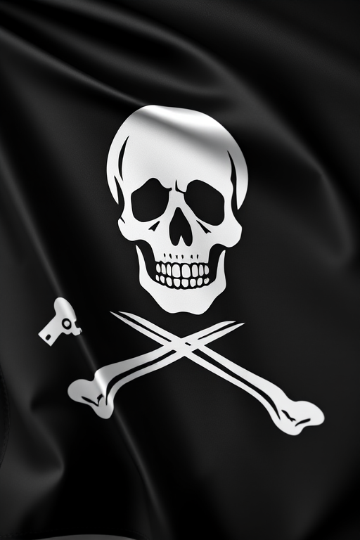 Create an image of a classic pirate flag featuring a skull and crossbones, using a DSLR camera with a 50mm lens, f/1.8 aperture, ISO 100, shot in a high-contrast monochrome style, and framed in a close-up view to emphasize details.