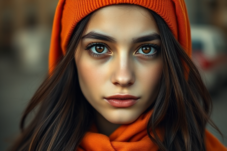 Create a portrait of a young Turkish female with long, dark hair and captivating hazel eyes. She is wearing a orange headscarf and a matching scarf draped gracefully around her neck. The background is softly blurred, focusing attention on her serene and natural expression. The overall color palette is muted and warm, enhancing the intimate and authentic feel of the portrait.
