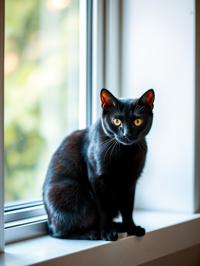 Create a high-resolution image of a sleek black cat sitting gracefully on a windowsill, captured with a DSLR camera at f/2.8 aperture, ISO 200, 50mm lens, in natural light with a soft focus background to enhance depth of field.