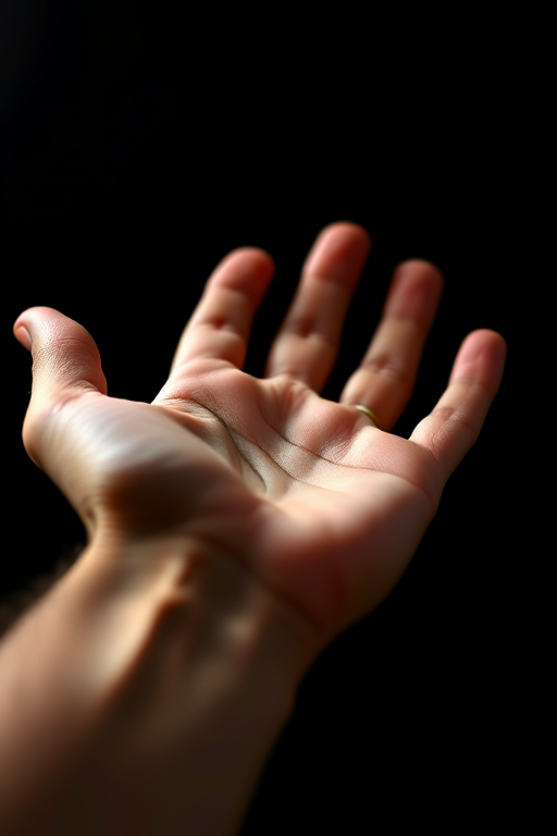 high-resolution illustration of a hand in an open palm position, focus on fine details and textures, black background, natural lighting, macro lens, DSLR camera, aperture f/2.8, shutter speed 1/100s, ISO 100, soft focus effect