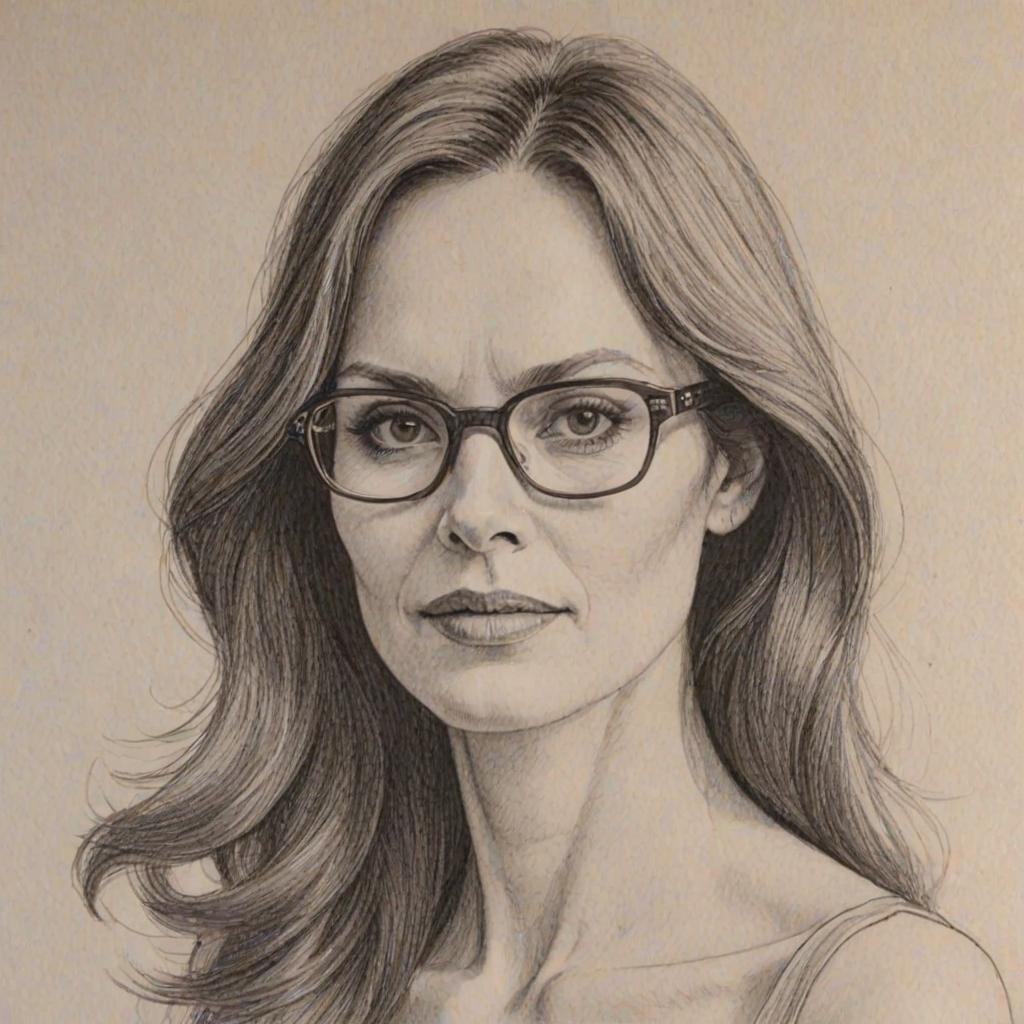 Detailed Pencil Drawing of a Woman with Glasses and Wavy Hair