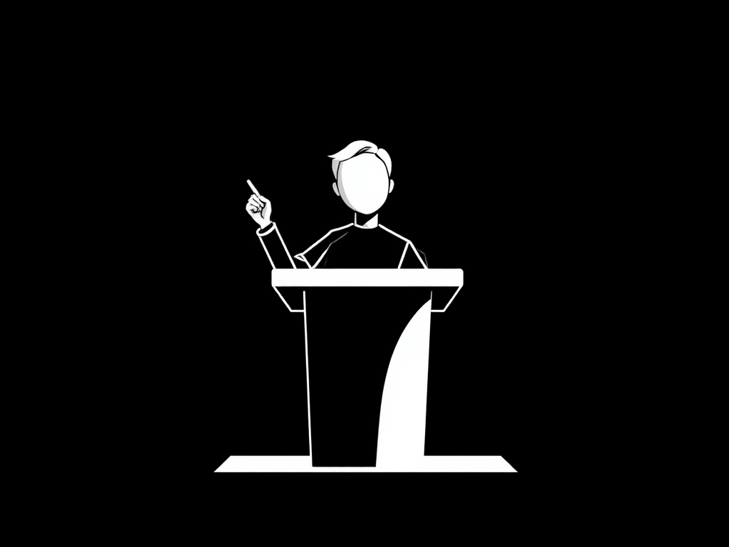 Create a minimalist black and white illustration of a person standing behind a podium holding a pointer, with a clear and sharp focus, using a DSLR camera at f/2.8, ISO 100, 1/200s shutter speed, with a medium close-up view and a solid black background for enhanced contrast.