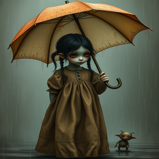 An eerie, weird little girl with dark hair in thin pigtails, wearing a smock dress, standing in the rain, holding a dirty orange umbrella, a small, odd creature beside her. In a surreal style inspired by Nicoletta Ceccoli and Brian Froud. Dark fantasy themes