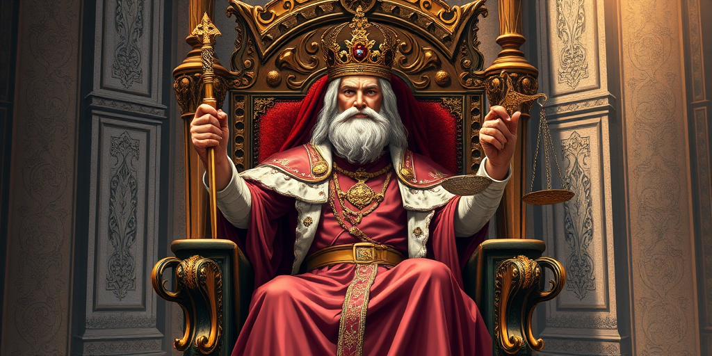 Create a highly detailed illustration of a regal figure seated on a throne, holding a scepter and scales, with a richly decorated background, shot with a DSLR camera using a 50mm lens at f/1.8, ISO 200, 1/125 sec, in natural soft lighting to enhance textures and details.