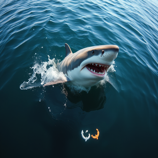 Create a high-resolution image of a great white shark breaching the water's surface, captured with a DSLR camera at 24mm focal length, f/8 aperture, ISO 200, in natural daylight, using a underwater macro lens for enhanced detail and clarity.