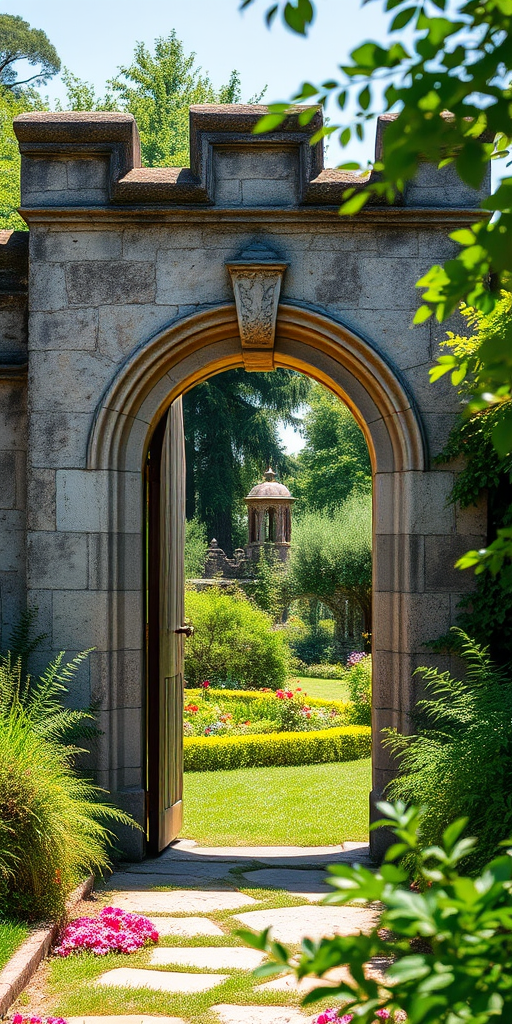 Capture a high-resolution image of an old stone gate leading to a lush garden, using a DSLR camera with a 35mm lens, aperture set to f/8 for depth of field, ISO 100 for sharpness, and a wide-angle view to include surrounding foliage in bright daylight.