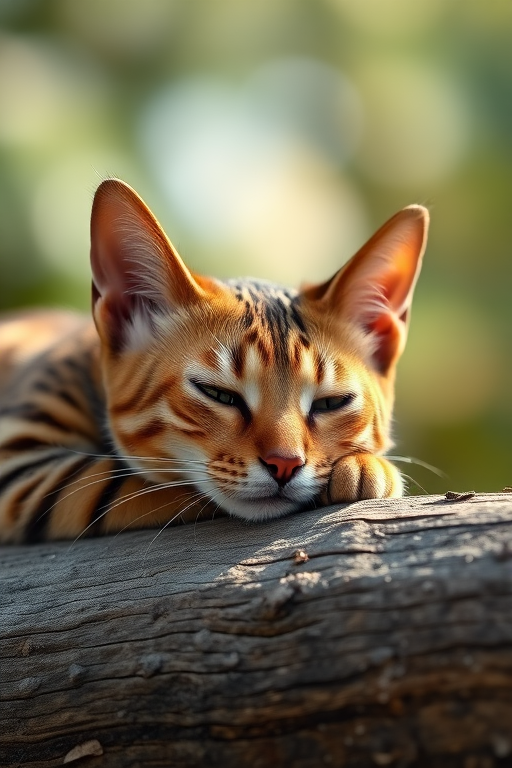 A close-up shot of a Bengal cat resting on a log with soft natural lighting, aperture set to f/2.8 for a shallow depth of field, ISO 200 for clarity, 50mm lens for sharp focus, taken with a DSLR camera.