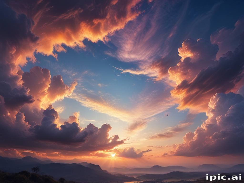 Majestic Sunset Over Rolling Hills with Dramatic Clouds and Vibrant Colors