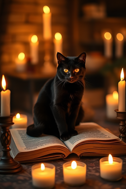 A black cat sitting on an open ancient book surrounded by flickering candles in a dimly lit, magical room, captured with a DSLR camera at f/2.8, ISO 200, 50mm lens, in soft focus with warm lighting for a mystical ambiance.