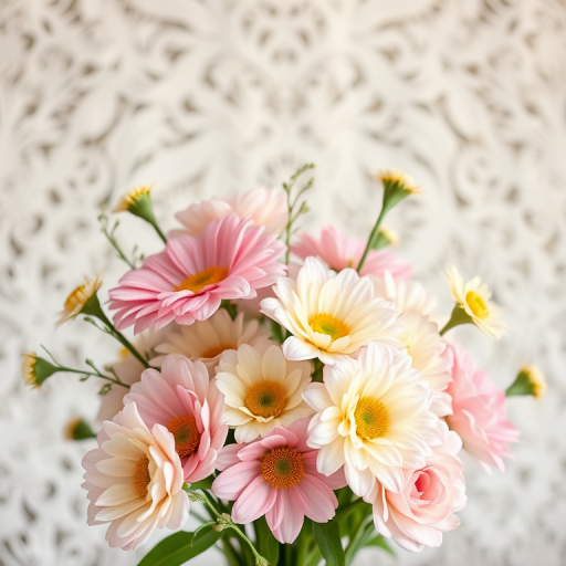 Floral arrangement with delicate lace background, soft pastel colors, shallow depth of field, ISO 100, f/2.8, 50mm lens, natural light, DSLR photography