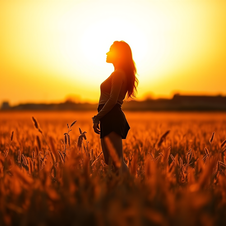 Generate an image of a silhouetted woman standing in a field of orange grass under a bright yellow sky with a setting sun, using a Canon EOS R5 camera with a 50mm lens, aperture f/2.8, ISO 100, and a wide-angle view for enhanced image quality.