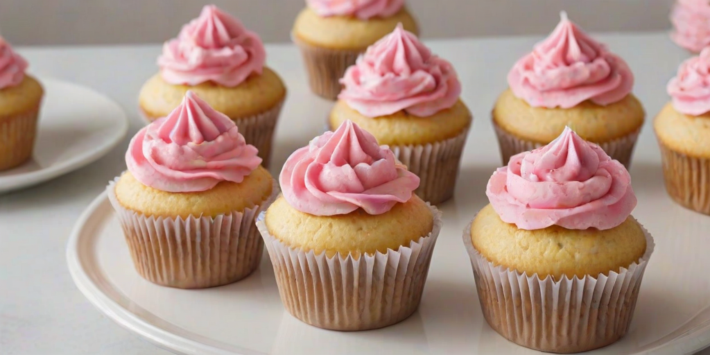 Generate an image of freshly baked vanilla cupcakes with smooth pink frosting. The cupcakes should be arranged neatly on a white surface, with one cupcake partially eaten to show the fluffy interior. The setting should have a clean and light atmosphere, emphasizing the sweetness of the treats.