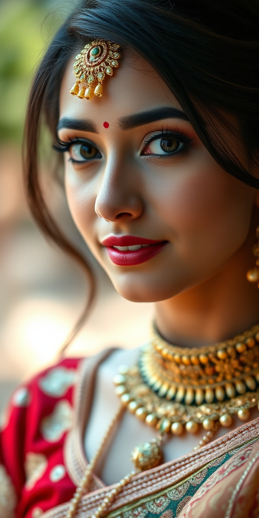 Capture a close-up portrait of a woman in elegant traditional attire with intricate details, soft bokeh background, using a DSLR camera, 85mm lens, aperture f/1.8, ISO 100, shutter speed 1/200s, natural lighting to enhance the vibrancy of colors and fine details.