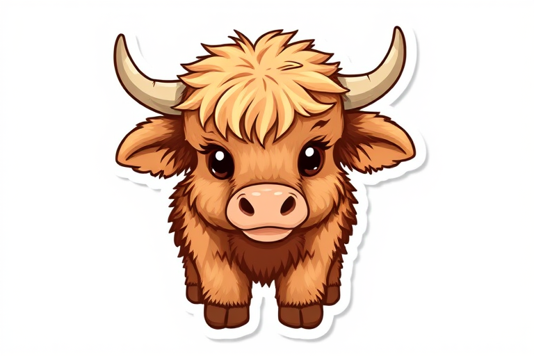 sticker design, adorable, furry, baby, highland cow, white background