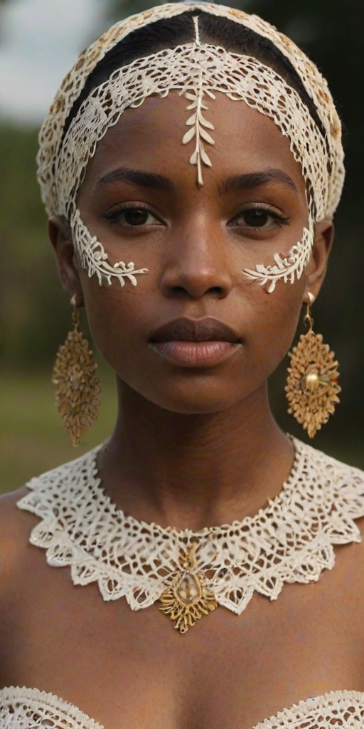 Face, shoulders, chest covered in openwork Creole embroidery. Raw, unedited image.