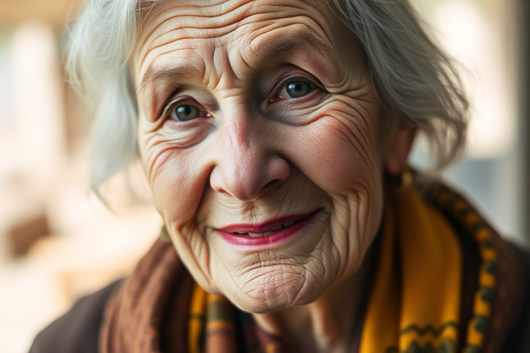 Portrait of an elderly woman with deep wrinkles and a warm expression, natural lighting, 50mm lens, f/1.8 aperture, ISO 100, soft focus background, captured with a full-frame DSLR camera.