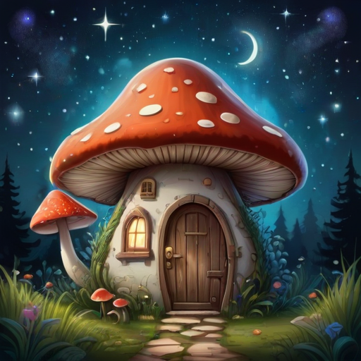 generate illustration of a mushroom house with a door and a window, a storybook , fantasy art, mushroom house, bg starry sky, sparkles