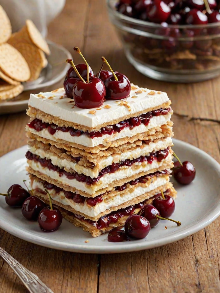 Create an image of a layered dessert featuring a creamy filling between layers of crunchy wafers. The top should be generously covered with a glossy cherry topping, with some cherries visible. The dessert should be presented on a simple white plate against a rustic wooden background.