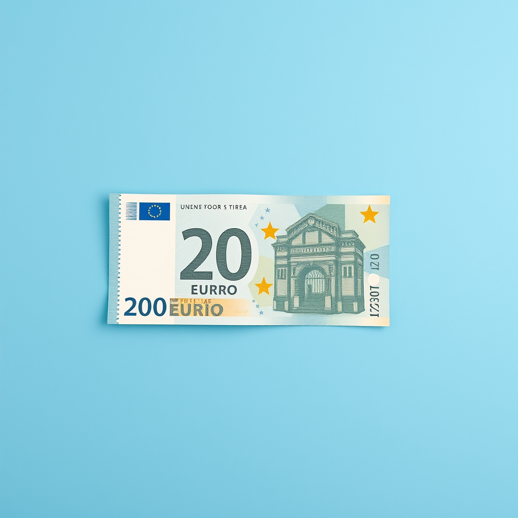 create an image of a 20 euro banknote isolated on a blue background, shot with a Canon EOS R5 using a 50mm lens at f/2.8, 1/125 sec, ISO 100, in a flat lay style with even lighting to enhance detail and clarity