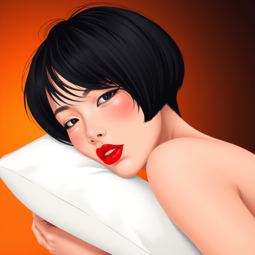 Create a high-resolution digital illustration of a woman with short black hair and vibrant red lips, resting her head on a white pillow, set against a gradient background transitioning from deep orange to black, using a Canon EOS R6 with a 50mm lens, aperture set at f/1.8, and soft focus to enhance depth and detail.