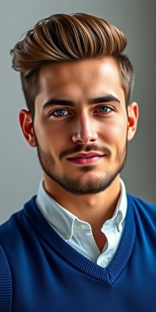 Create a 3D digital portrait of a young man with a stylish hairstyle and a well-groomed beard, wearing a blue vest over a white shirt, using a Canon EOS R5 with an 85mm f/1.2 lens, aperture set to f/2.8, natural lighting, and a soft focus background for enhanced image quality.
