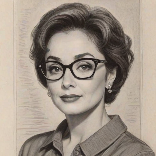Magnificent Annie Potts, pencil sketch, portrait of Lovely woman 1958s in glasses, hair style beatnik, outline, clear lines, fine lines, 8k