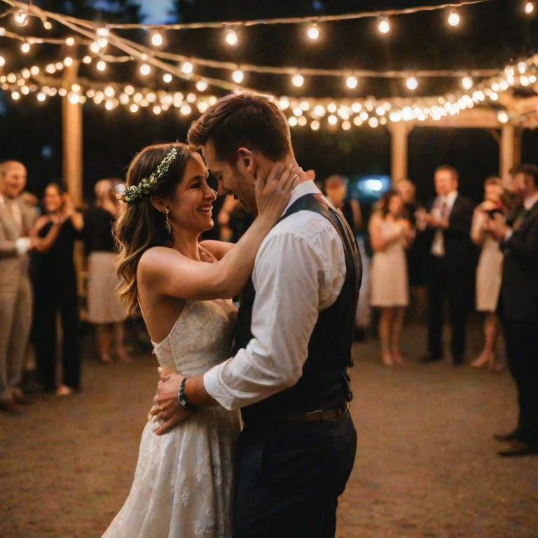 Blurry, candid shot of a wedding couple dancing under string lights, soft glow from the bulbs illuminating their faces, distant guests watching with smiles, and the sound of soft music filling the evening air.