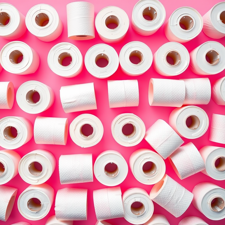 a seamless pattern of white toilet paper rolls arranged neatly on a pink background, high-resolution, captured with a Canon EOS 5D Mark IV, 50mm lens, f/2.8 aperture, ISO 100, top-down view, studio lighting for enhanced detail and clarity