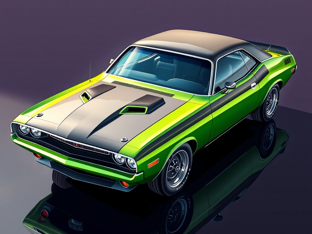 highly detailed illustration of a classic green Dodge Challenger with black stripes parked on a glossy surface, shot with a DSLR camera, 50mm lens, f/1.8 aperture, ISO 100, natural lighting, angled view for dynamic perspective, vibrant color enhancement
