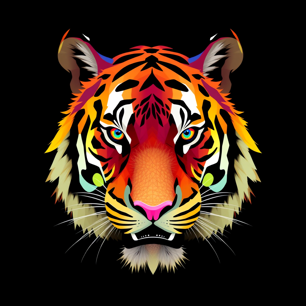high-resolution low-poly tiger head design with vibrant colors on a black background, captured with a Canon EOS R5, 50mm lens, f/1.8 aperture, ISO 100, soft focus, 4K quality