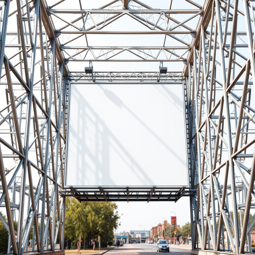 Create an image of a large blank billboard framed by a silver truss structure, using a DSLR camera with a 50mm lens, aperture set to f/8, ISO 100, shutter speed 1/125 sec, in a soft natural light setting, taken from a slightly angled front view to enhance depth.