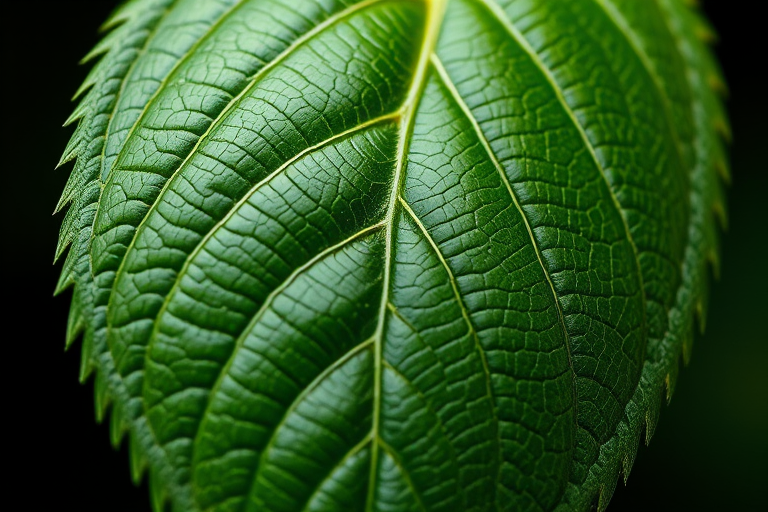 Generate a high-resolution image of a detailed leaf with intricate veins, captured with a Canon EOS R5, ISO 100, aperture f/8, shutter speed 1/200s, using a macro lens for a sharp close-up view against a contrasting background.