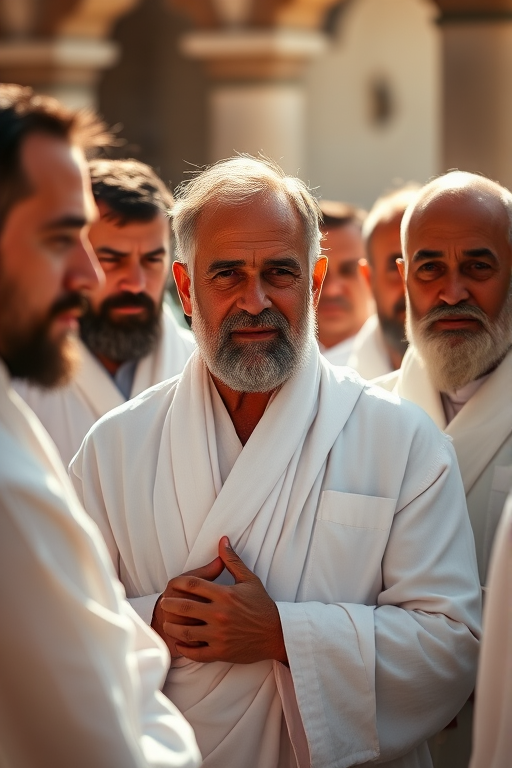 Create a high-resolution depiction of a group of men including a central figure in white robes, captured in soft natural lighting, using a full-frame DSLR camera at f/2.8, 50mm lens, ISO 100, with a slight bokeh effect in the background for depth.