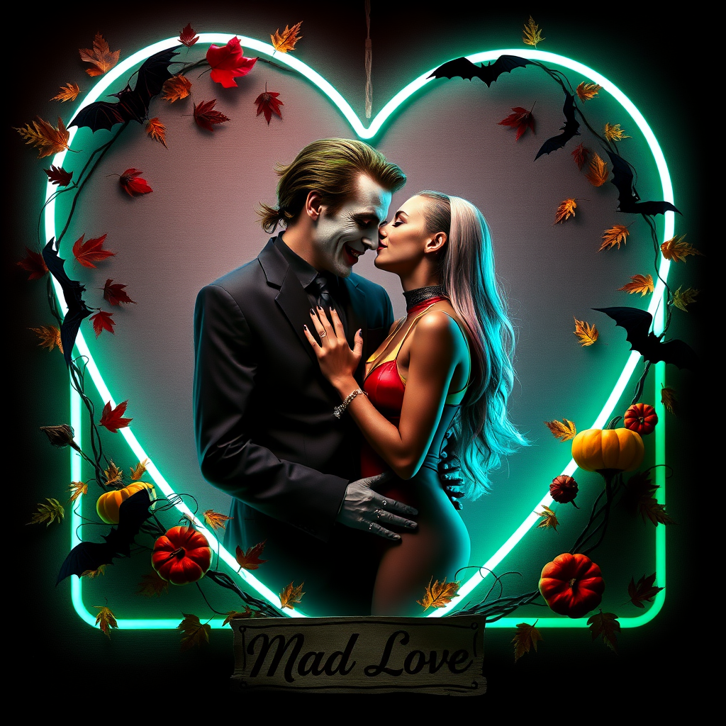 The Joker, neat, wearing a black suit and a beautiful Harley Quinn with long hair, both romantic, hugging and cuddling in the middle of a neon linen black heart frame decorated with dead leaves, bats, and small pumpkins, with a label at the bottom that reads 'Mad Love' made of linen, in a photo realistic style.