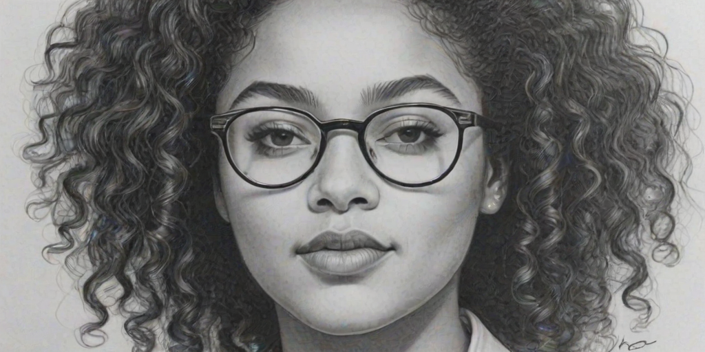 Magnificent Aisha Dee, pencil sketch, portrait of Exquisite woman 1979s in glasses, hair style beatnik, outline, clear lines, fine lines, 8k