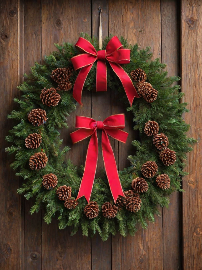 Warmly lit photo of a beautiful holiday wreath adorned with pinecones and red ribbons hanging on a rustic wooden door, soft light enhancing the rich textures and colors.