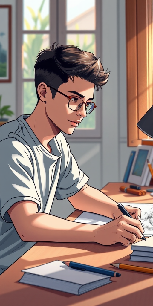 Create an illustration of a young man sitting at a desk focused on drawing, with natural light streaming in from a window, capturing details of his concentrated expression and the drawing on the table, use a high-resolution digital camera, ISO 100, aperture f/4, shutter speed 1/60s, 50mm lens, soft focus background for a professional look.