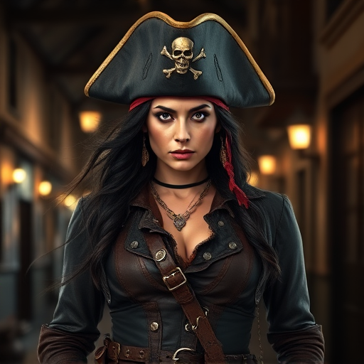 Create a portrait of a fierce female pirate. She wears a leather tricorn hat adorned with a skull and crossbones emblem, and her long, dark hair flows around her face. Her outfit consists of a richly detailed leather jacket, a corset, and multiple layers of belts and accessories, giving her a formidable and stylish appearance. She stands confidently in a dimly lit, historic port town, with a backdrop of weathered buildings and cobblestone streets, capturing the adventurous spirit of a pirate.