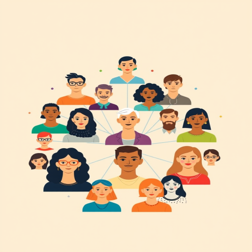 Create an infographic showing a network of diverse avatars connected by lines on a soft beige background, using a DSLR camera with a 50mm lens, f/2.8 aperture, ISO 100, and a focus on clean lines and vibrant colors.