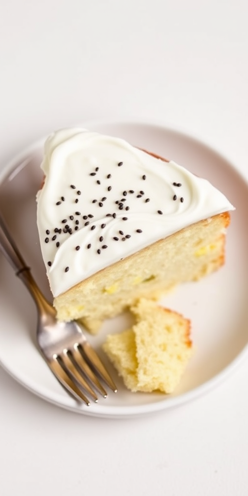 A slice of moist vanilla cake with poppy seeds topped with creamy white frosting served on a round white plate with a silver fork resting beside it. The background is a soft, light-colored surface that enhances the cake's texture and color.