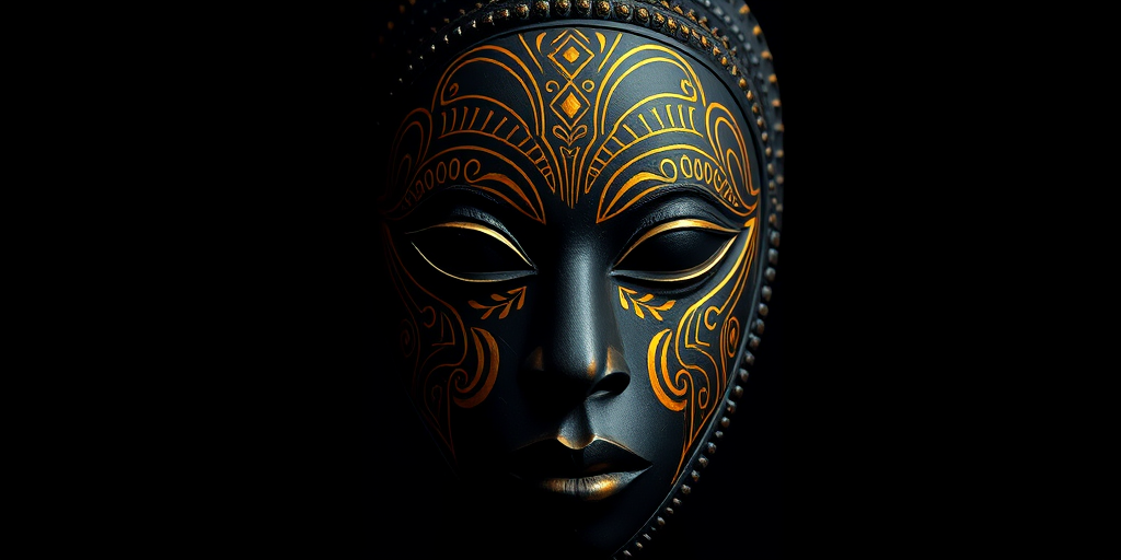 Create a high-resolution digital artwork of a stylized African mask featuring intricate golden line patterns on a black background, shot with a Canon EOS R5, 50mm lens, f/1.8 aperture, ISO 100, and a soft-focus effect.