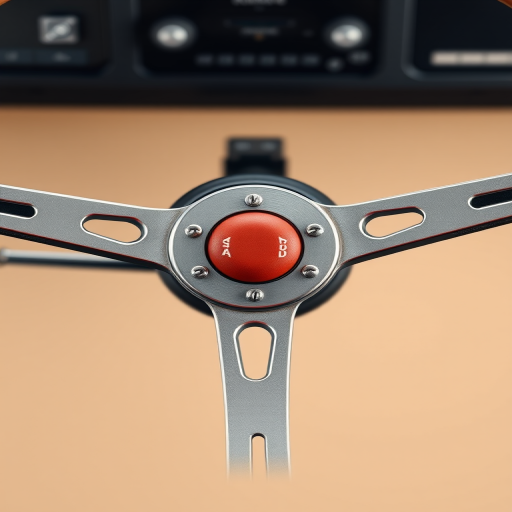 Create a high-resolution digital illustration of a vintage steering wheel with three colorful buttons, using a close-up view on a neutral background, ensuring a smooth and detailed texture, simulating a DSLR camera shot with aperture f/2.8, ISO 100, and lens focal length of 50mm.