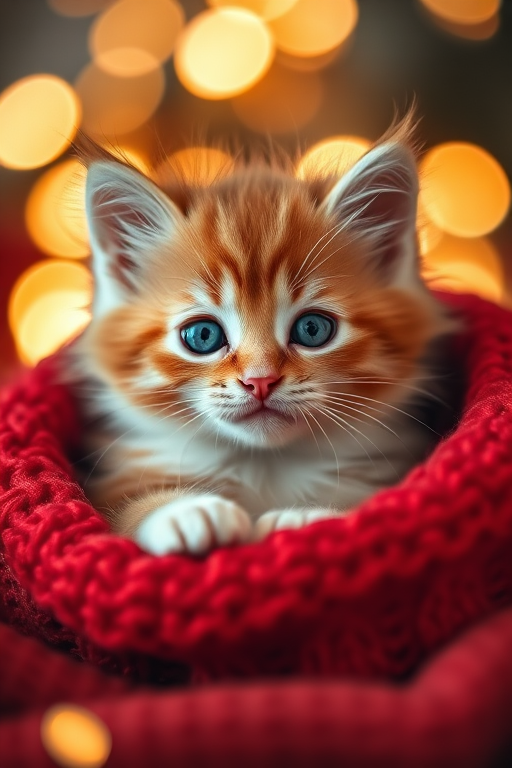 Create a high-resolution image of a fluffy orange and white kitten with blue eyes nestled in a cozy red sweater surrounded by soft, warm bokeh lights, captured with a Canon EOS R5, 85mm f/1.2 lens, at ISO 100, aperture f/1.8, and a shallow depth of field for a dreamy effect.