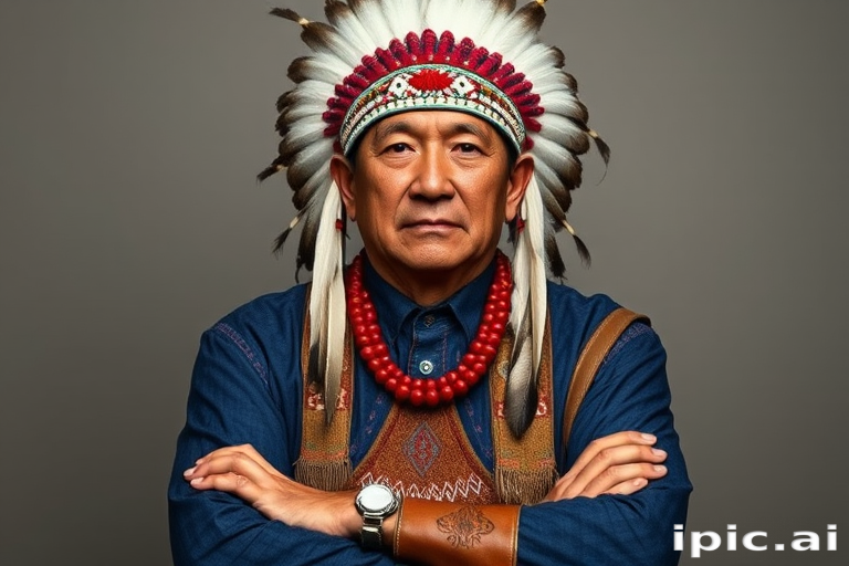 Create a dignified portrait of a Native American man dressed in traditional attire. He wears a beautifully crafted headdress adorned with white feathers and red beads, along with a beaded headband featuring intricate patterns. His clothing includes a deep blue, patterned shirt and a traditional chest piece with detailed beadwork. His arms are crossed, displaying leather armbands decorated with feathers. The background is simple and neutral, emphasizing his proud and stoic expression. The overall image captures the rich cultural heritage and strength of his persona.