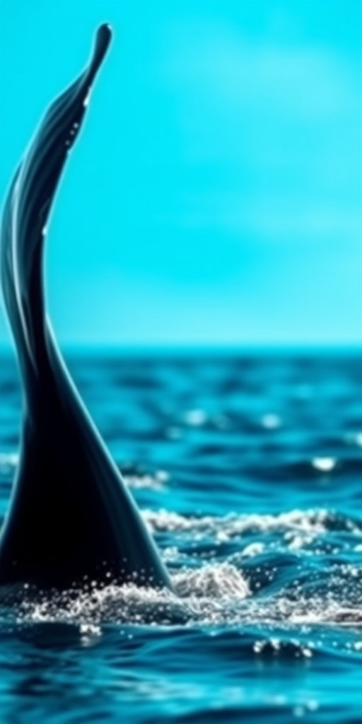 photograph of a whale tail emerging from the water in bright sunlight, 50mm lens, f/8 aperture, ISO 200, shallow depth of field, high-resolution digital camera, side view, capturing fluid motion against a clear blue background